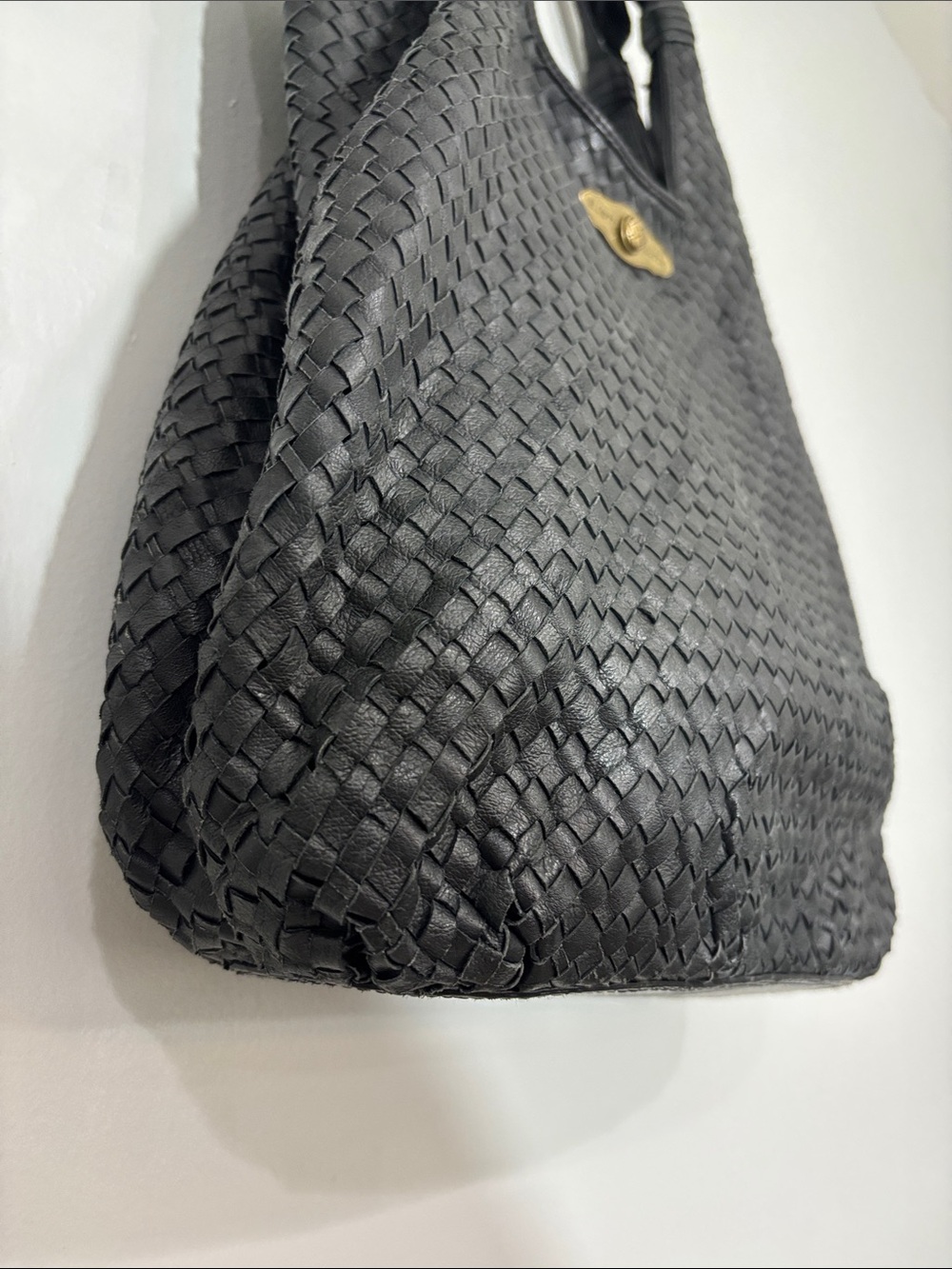 Elliott Lucca Black Woven Leather Tote Bag with Brass Accent - Picture 4 of 10